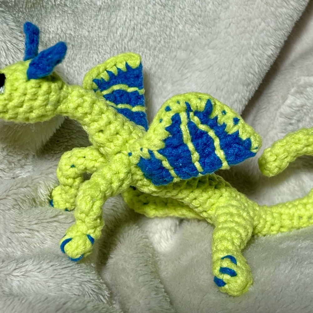 Vibrant Crochet Dragon in Lime and Royal Blue